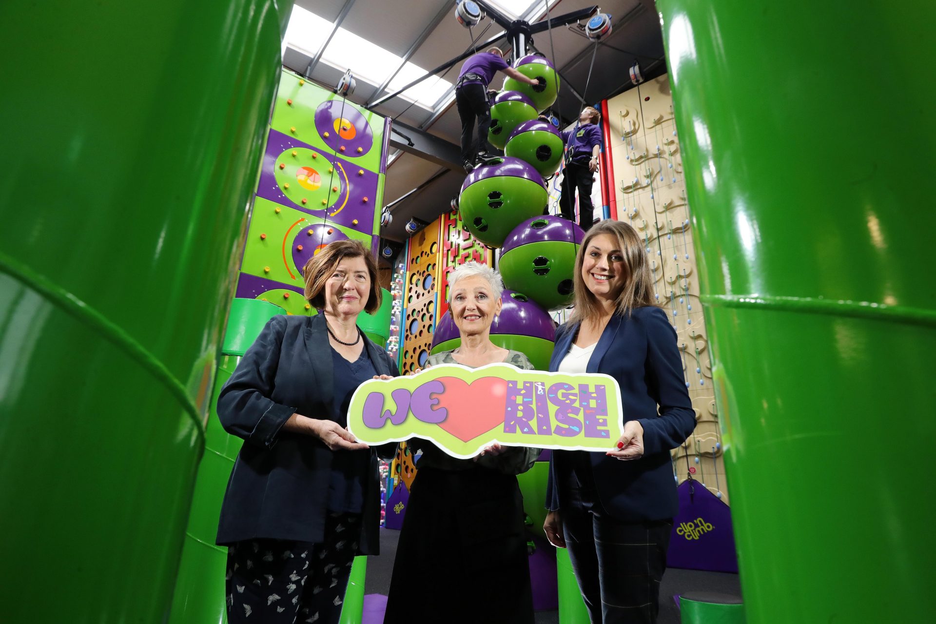 Press Eye - Belfast - Northern Ireland - 19th November 2019 - 

LISBURN SOCIAL ENTERPRISE INVESTS IN BRINGING FUN TO NEW HEIGHTS AT HIGH RISE 

Lisburn-based Social Enterprise Employers For Childcare is delighted to today (Tuesday 19 November) officially launch its £2.5 million indoor adventure centre High Rise at Altona Road, Lisburn. High Rise incorporates a stunning Clip Ôn Climb arena Ð the biggest in Ireland - along with a soft play area, Sensory Room and Quiet Room and a number of party and corporate rooms.  

Employers For ChildcareÕs Chief Executive, Marie Marin, centre, is pictured with local television and media personality Sarah Travers and Sue Gray, Permanent Secretary at the Department of Finance.

Photo by Kelvin Boyes / Press Eye.