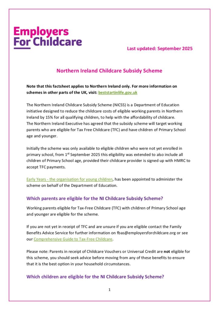 NI Childcare Subsidy Scheme - From September 2025