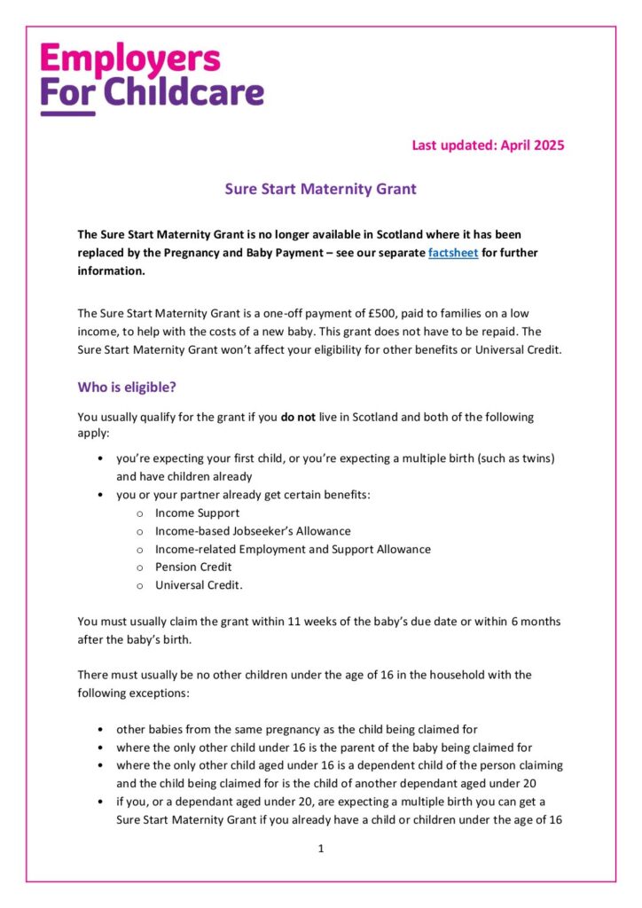 Sure Start Maternity Grant Excluding Scotland