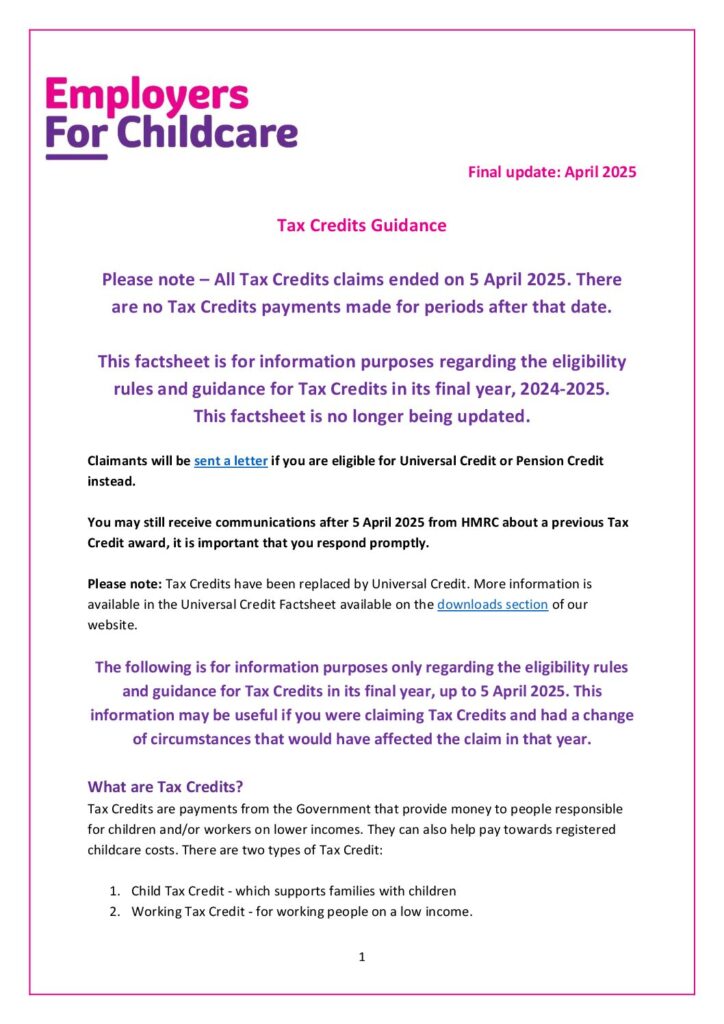 Tax Credits guidance